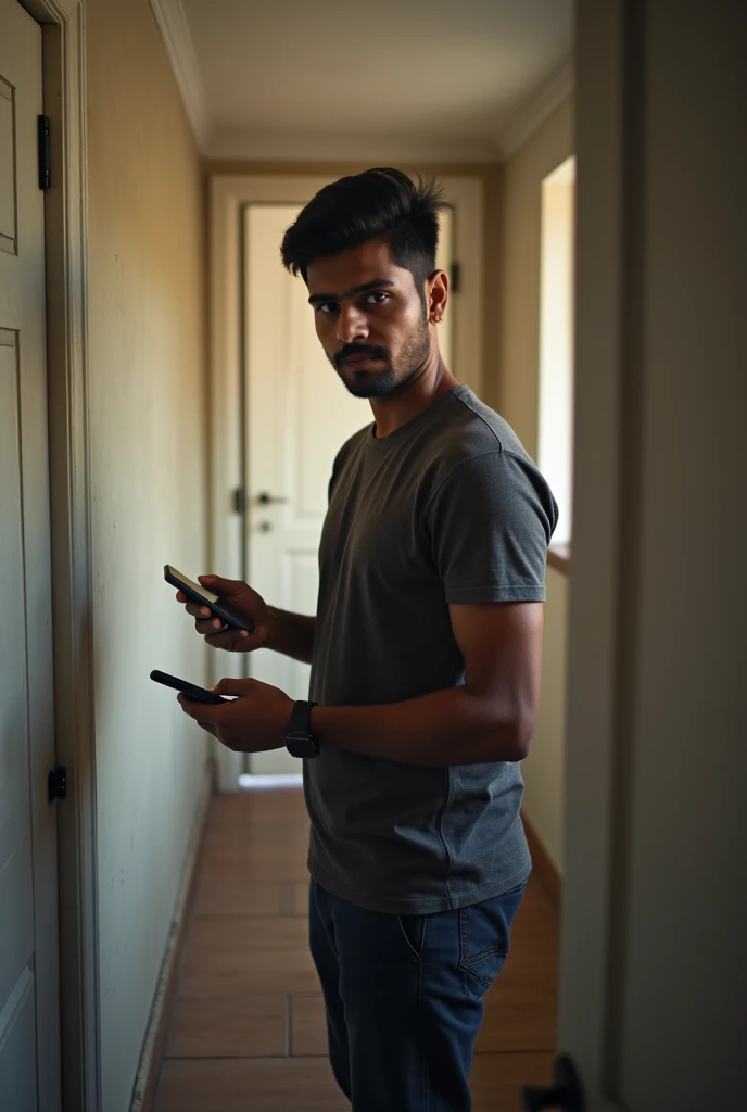 there is a man that is standing in a room with a cell phone, a picture inspired by Bikash Bhattacharjee, tumblr, tachisme, with accurate face, jayison devadas, nivanh chanthara, mohamed chahin, ayan nag, front profile!!!!, 8k selfie photograph, professiona...