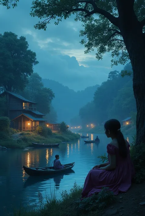 "A beautiful village scene with a girl sitting and crying, river boats moving in the front, trees around, the time is night, the image size is 1080 x 1920 pixels (portrait), and it should look exactly like real humans."