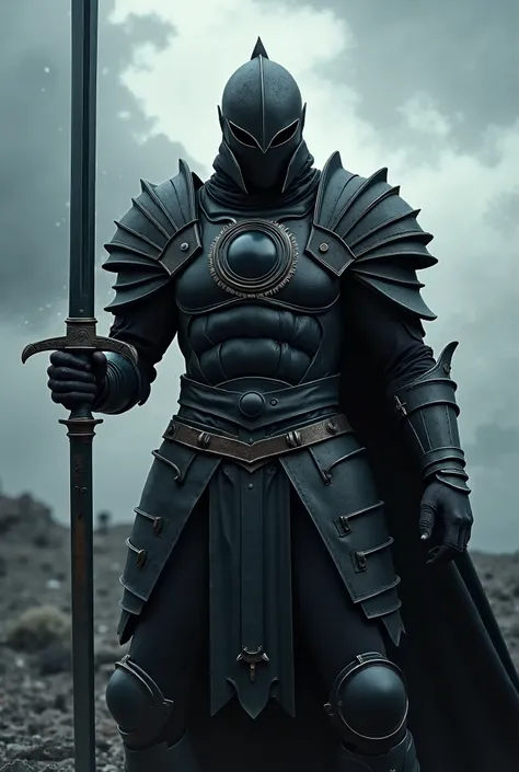  Ferocious warrior wearing black armor ,  Wears a large black circle symbol on his chest,  wielding a big sword ,  Dynamic battle preparation posture ,  Highly detailed armor texture , Sharp sword ,  Dramatic stormy sky background ,  bright colors , master...