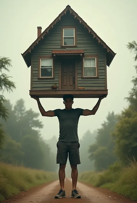 A  20 year boy who is picking up house in his hand and head