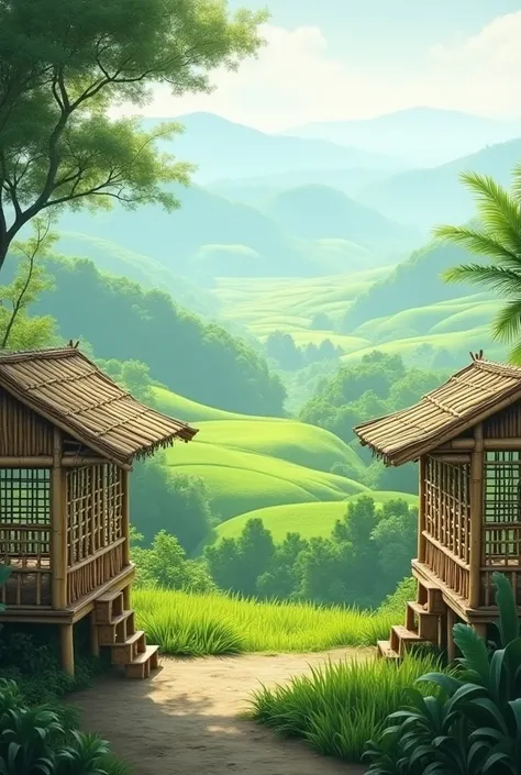 Bamboo booths look out over vast rice fields