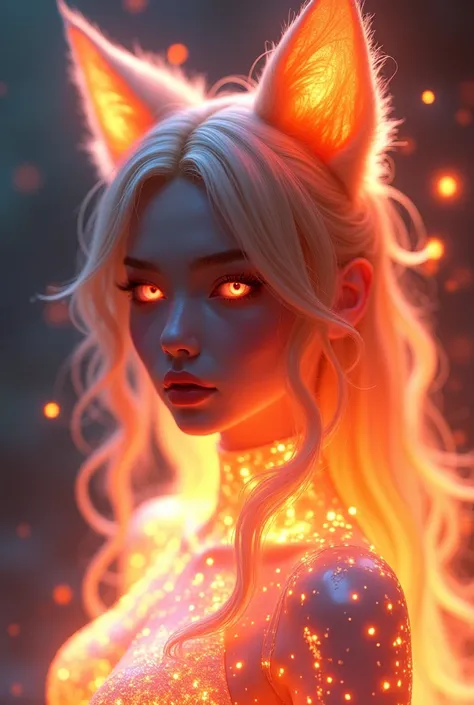 3d， Russian beauty body flame entwined to form neon transparent fire armor，Eye hazy beauty ， High Resolution ,  Pink Eyes ,  fox ears,  high detail,  Full white glowing petals falling image ， Shine Effect , mix, 