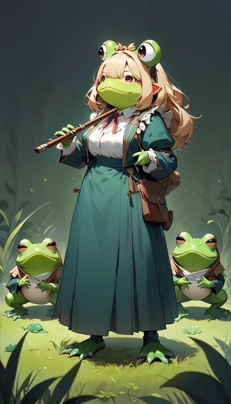 (masterpiece, best quality:1.2), 1 girl, Solitary, whole body, (Anthropomorphic frogs, hairy, Beast field), Curious, Simple background, playing flute