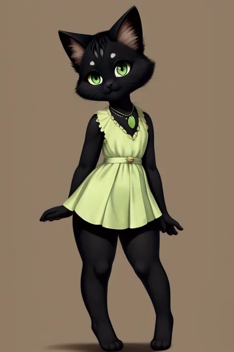 Small slender female kitten with good big thighs and black fur and pretty green eyes and she wears a green necklace and is very cute.