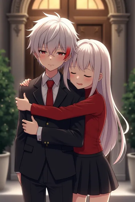  Boy with white and red hair, Her eyes are closed with a red spot on her left eye ,  she is wearing a black suit with a red tie and a red dress shirt she is hugging a girl with long white hair with fringe with eyes closed, She is wearing a long sleeve red ...