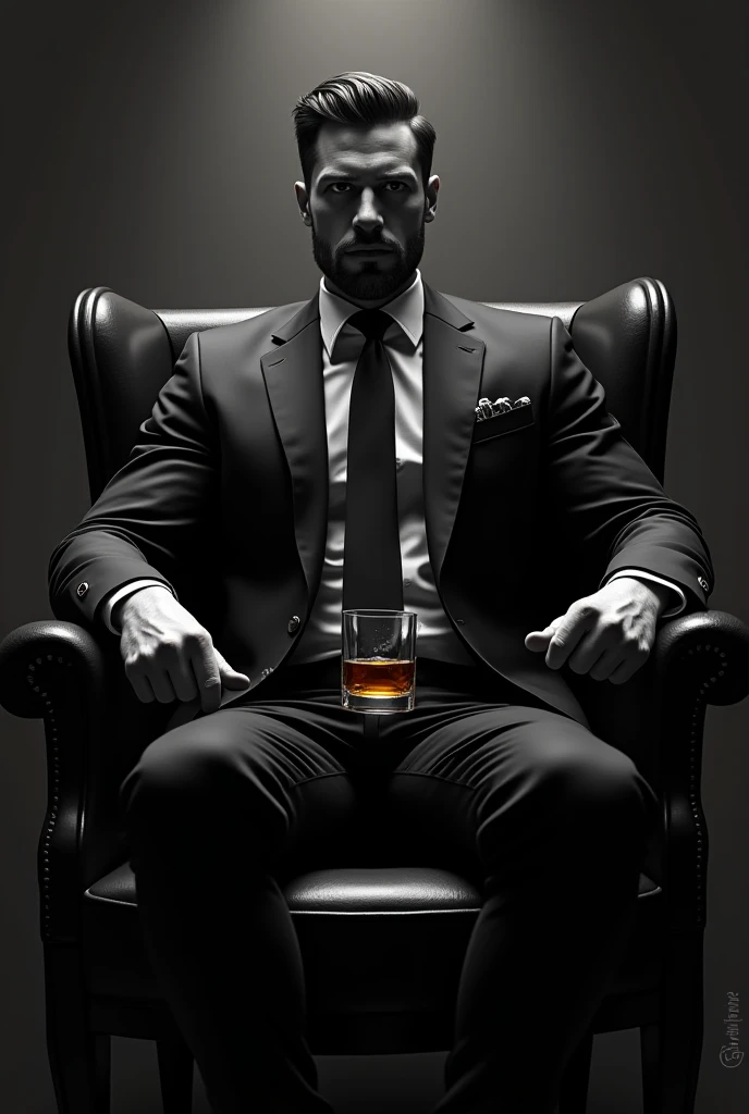  Man in position of power , sitting,  Seen from the front , with arte noir , Glass of whiskey in hand,  monochrome vector style, typography