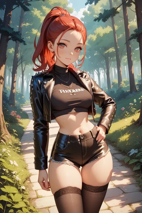 ((Young Teenage)), girl, cute, fat breasts, ((narrow hips)), thin waist, small ass, beautiful, ((petite)), red eyes, forehead, black top, studded leather jacket, stockings with stripes, unzipped black shorts, black sneakers, ponytail, hand on hip, arm unde...