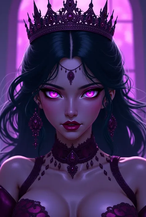 vicious princess withh purple eye with a crown, dark violet theme, manwha animated style