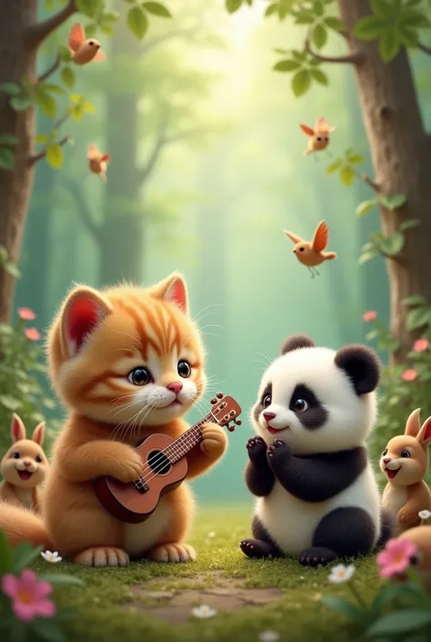 The kitten playing a tiny ukulele while the baby panda claps along, surrounded by woodland animals enjoying the music.