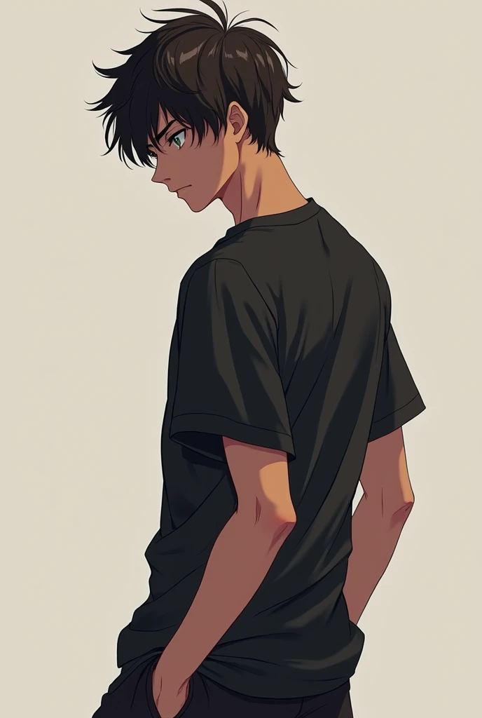 anime boy, 19 years old, black-skinned brunette  , black eyes  ,wearing a black t-shirt and hair with a cut called gradient, walking backwards 