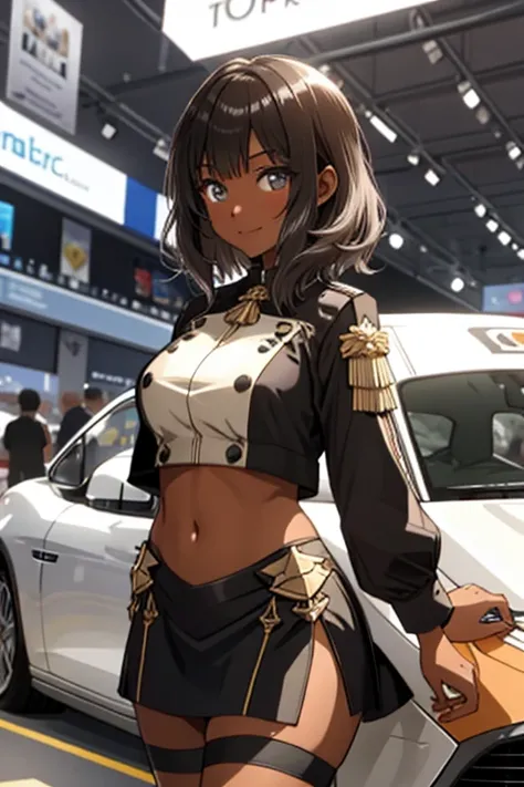 (((masterpiece,best quality,8k))),intricate,1girl,((dark skin)),short hair,((Promotional model)),smile,large breasts,(wide hips;0.3), cowboy shot,microskirt,thigh,stand ,shiny skin,shiny clothes,race queen outfit,race queen outfit,looking at viewer,indoor ...