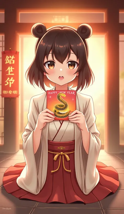 First sunrise of the year、card text"HAPPYNEWYEAR２０２５"、Hold a card with an illustration of a snake in both hands、shrine、Fursae with a wide open neck、Forward bendingみ、A glimpse of her chest、Forward bending、Bend your waist、Pick up things from the floor、Breast...