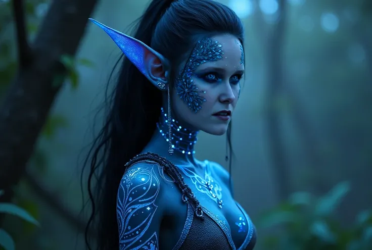 blue humanoid avatar with bioluminescent avatar markings dots and patterns on their skin. Tribal clothes, pointed elf ears. avatar like hair, hair colour black, sparkling glowing blue eyes, slightly shimmery iridescent blue skin. female, warrior like, magi...