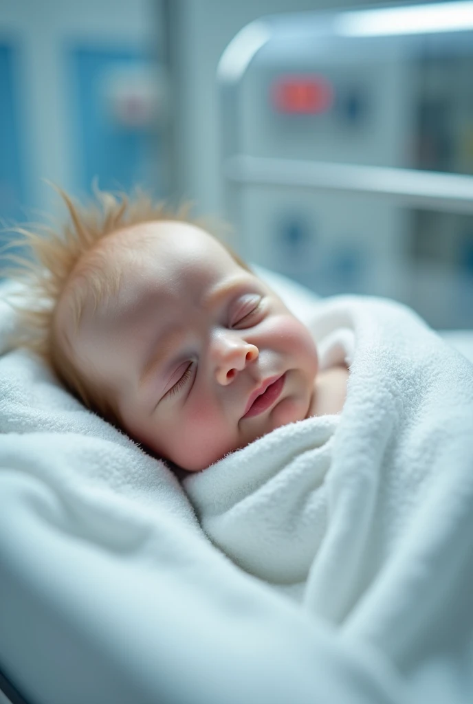  small newborn baby ,  little blond hair and blue eyes ,  white skin and reddish lips , is wrapped in a hospital blanket ,  lying in an incubator in the neonatal area of a modern hospital while sleeping, There are other babies around  