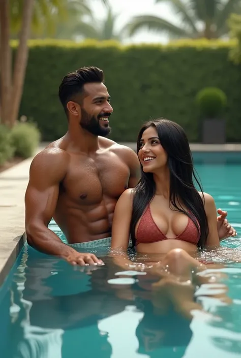 Create a hyper realistic image of Indian cricketer Hardik Pandey and Indian Actress Ananya Pandey are enjoying in swimming pool 