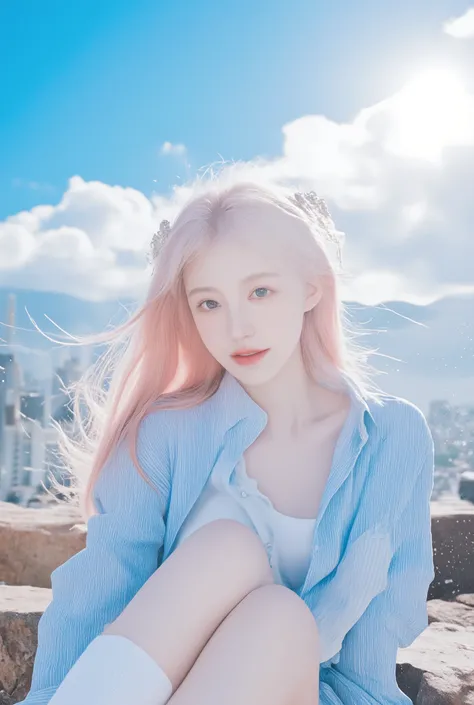 official art, masterpiece, sharp focus, (beautiful gorgeous cute Korean woman:1.3), (beautiful cute korean:1.3), korean beauty, Delicate and beautiful hair and eyes and face, realistic, ultra detailed, beautiful girl, blue sky, glow white particle, (sideli...