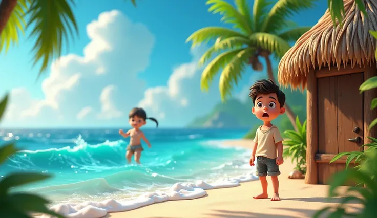 A boy standing near his coconut house, looking shocked as he sees a girl drowning in the ocean, 3D cartoon style, vivid details."
