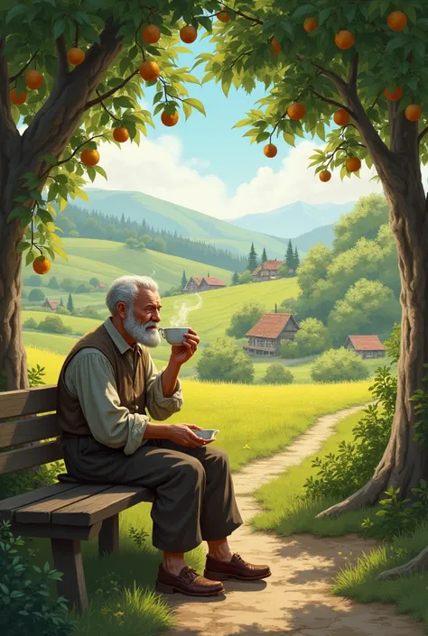 Peasant drinking tea while relaxing in nut field