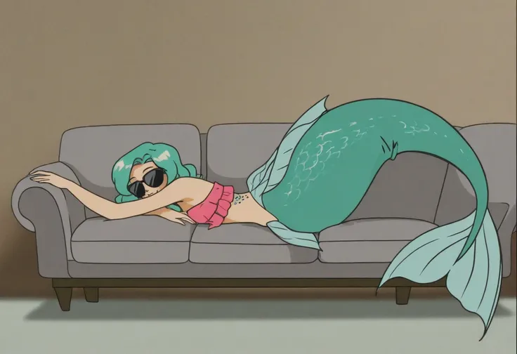 Animation, artwork, 8K quality, retro cartoon style, a green merman with a silly expression sunbathing on a couch by the pool, the merman is wearing sunglasses, the scales on the mermans body shine in the sunlight, drawn with a comedic touch, a cute merman...