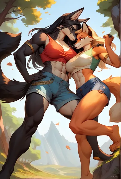 Female, anthropomorphic, fox, ultra realistic, best quality, masterpiece, 2girls, duo, gold short shorts, thin gold straps, gold pawpads, orange body, blonde hair, spread, dark shins, black feet, black shins, black legs, cliff, top eyelids half down, looki...