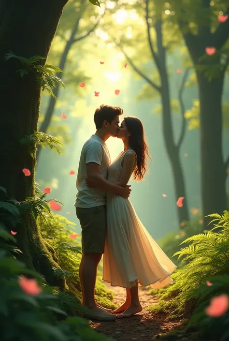 A boyfriend and girlfriend kissing a forest 