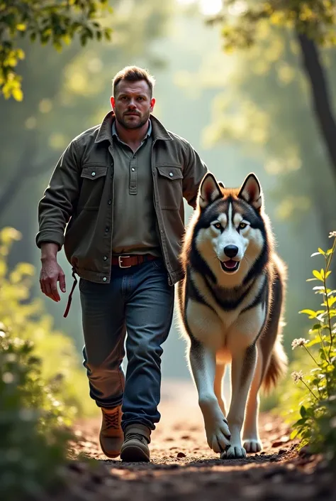 A man walks with a big dog
