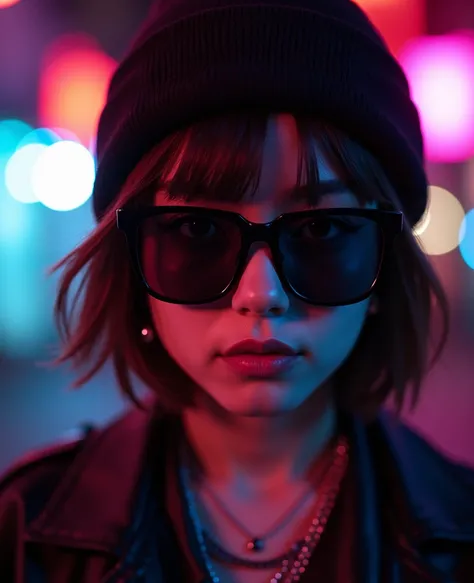 score_9, score_8_up, score_7_up, face close up, alternative girl, watching over black sunglasses, jacket, necklace, neon light reflections on skin, ear ring, makeup, skin imperfection, short hair, beanie, neon lights background, low light, depth of field, ...