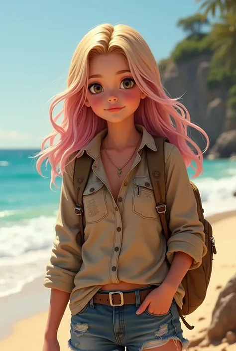 A girl with long blonde and pink hair wears a camping shirt and carries a camping bag, on the beach 