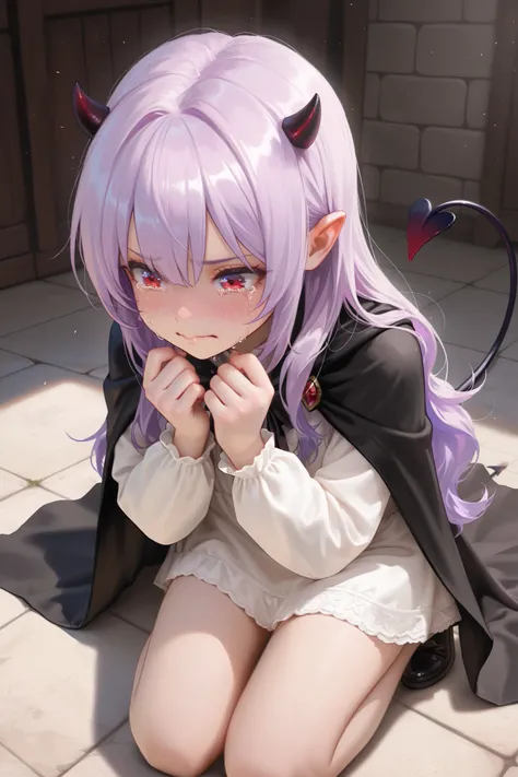 masterpiece, best quality, Detailed Eyes, girl, fantasy, long hair, purple hair, kawaii, tsundere, red eye, tiny black horns, clumsy, cutie face, semi realistic, 8k, black cape, small demon tail, white blouse, tear, crying, sad face, kneeling, solo charact...