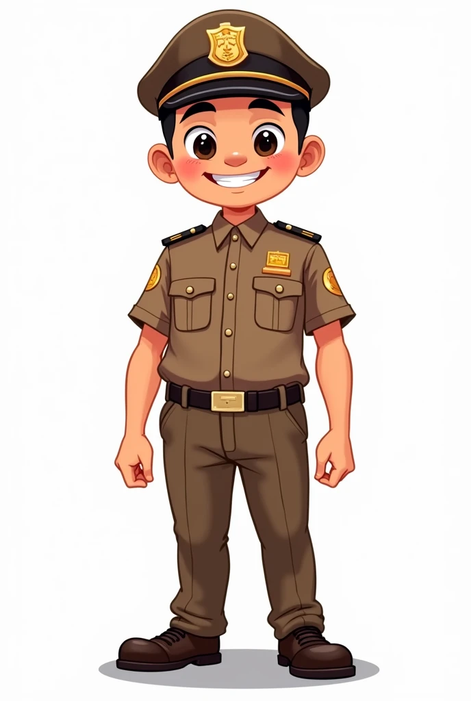 Please make a design drawing of an Indonesian male police officer with a cartoon image wearing a full body brown shirt from head to shoes with a plain white backgprund