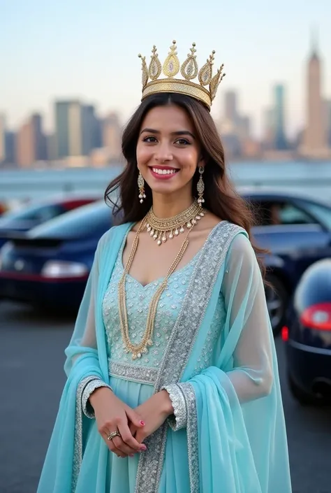 Rich teenage girl, beautiful girl. Model.  figure wearing expensive  light blue    salwar kammez and white beautiful patterns and wearing a gold crown. . She is standing with perfection and smiling. Behind her was new york city skyline and bugatti cars . S...