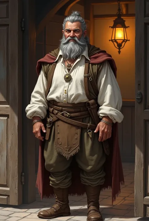  I want a detailed image of a fantasy character named Thalor, the innkeeper. He is welcoming his customers at the entrance of his medieval tavern.
 Physical Description :  Thalor is a sturdy man ,  with a friendly but cunning expression .  He has gray hair...