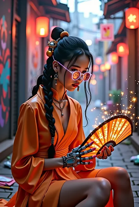 A creative cyberpunk stunning sexy woman, combining the traditional aesthetics of East Asian artists with futuristic innovation, sits in a neon and morning sunlit alleyway at dawn one morning and paints holographic paintings on a luminous canvas. Her cyber...