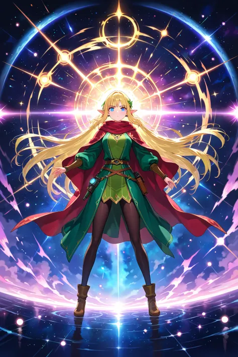 A young and nimble sleek elf youngster with a fantasy aura, standing in the center of an open arena, surrounded by floating orbs of light. The elf has bright, piercing eyes and a determined expression, wearing a flowing robe with intricate patterns. The st...