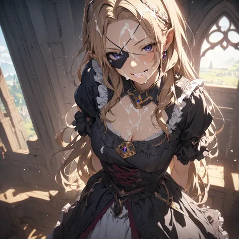 1girl, eye patch,Gothic Lolita, Frills,cinematic angle, viewer,Masterpiece,arms behind back,cum on face,cum on hair,cum on mouth,smile,princess zelda,