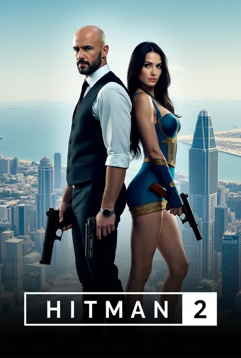 Create a poster for the movie "Hitman 2" with Jason Statham,Megan Fox: The movie title: "HITMAN" is written in bold, white letters and the number "2" is placed next to it. The poster has an action style, with two main characters, holding weapons in their h...