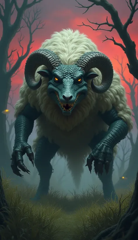 Design a terrifying hybrid creature that seamlessly blends the features of a crocodile and a sheep into a single, monstrous entity. The creature should have the powerful, scaled body and sharp jaws of a crocodile fused with the wool-covered upper body, cur...