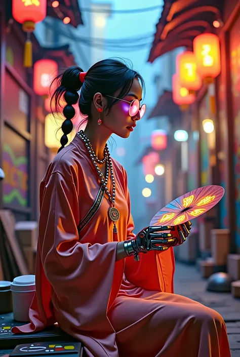 A creative cyberpunk stunning sexy woman, combining the traditional aesthetics of East Asian artists with futuristic innovation, sits in a neon and morning sunlit alleyway at dawn one morning and paints holographic paintings on a luminous canvas. Her cyber...