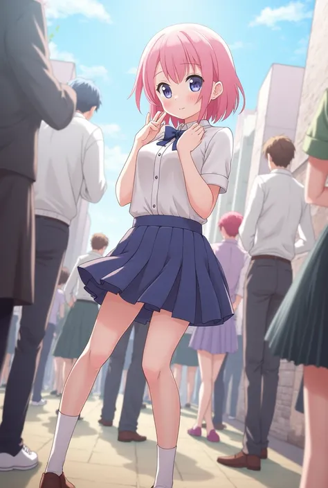 masterpiece, best quality, highres, absurdres, 1girl, crowd, skirt, pink hair, gasai yuno, from below, revealing clothes, skindentation, outdoors, sunlight, street, looking at viewer, blush,High Resolution, Best Quality, 