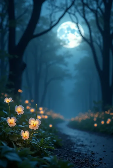  In the Mysterious Forest 　Single glass pansies blooming by the roadside　The sky is full moon　