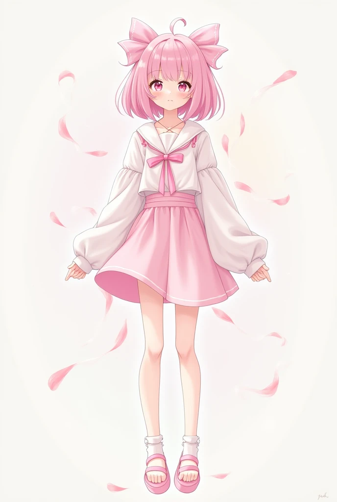 make a 2D anime with pastel pink hair and pastel pink eyes with white skin and pastel colored clothes with long arms but short skirt. full body image facing forward