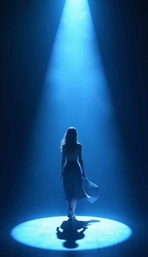 Scene Description: A lone figure steps onto a sleek stage with a blue and black gradient background. The soft white spotlights converge to create a single glowing circle around the performer, casting a subtle shadow on the polished floor. Their silhouette ...