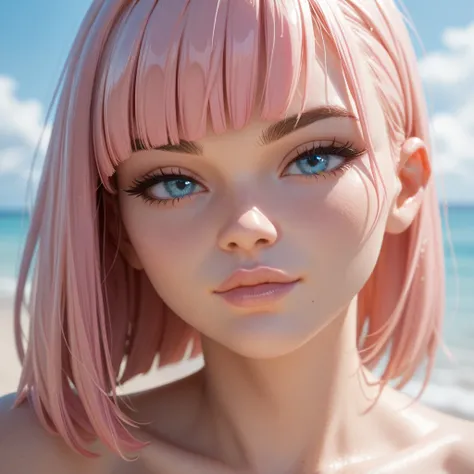 female, curvy, thick, sexy, lovely, short beach blond spiky hair, sharp spiky bangs bangs, pale blue eyes, light skin, dull pink lip stick, pleased, naked, head shot, head, close up, 