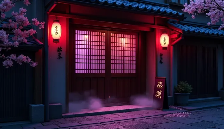 A seductive, tucked-away Japanese Izakaya bar front, nestled in a dimly lit, narrow alley. The entrance features traditional sliding wooden doors with intricate panels and frosted glass, softly glowing with purple and red light. A single red lantern hangs ...