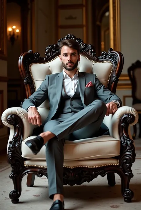 A handsome man wearing grey suit, sitting on ornate, carved wooden armchair with a luxurious and regal appearance. The frame is made of dark, intricately carved wood, featuring detailed floral and decorative patterns, especially on the backrest and legs. T...