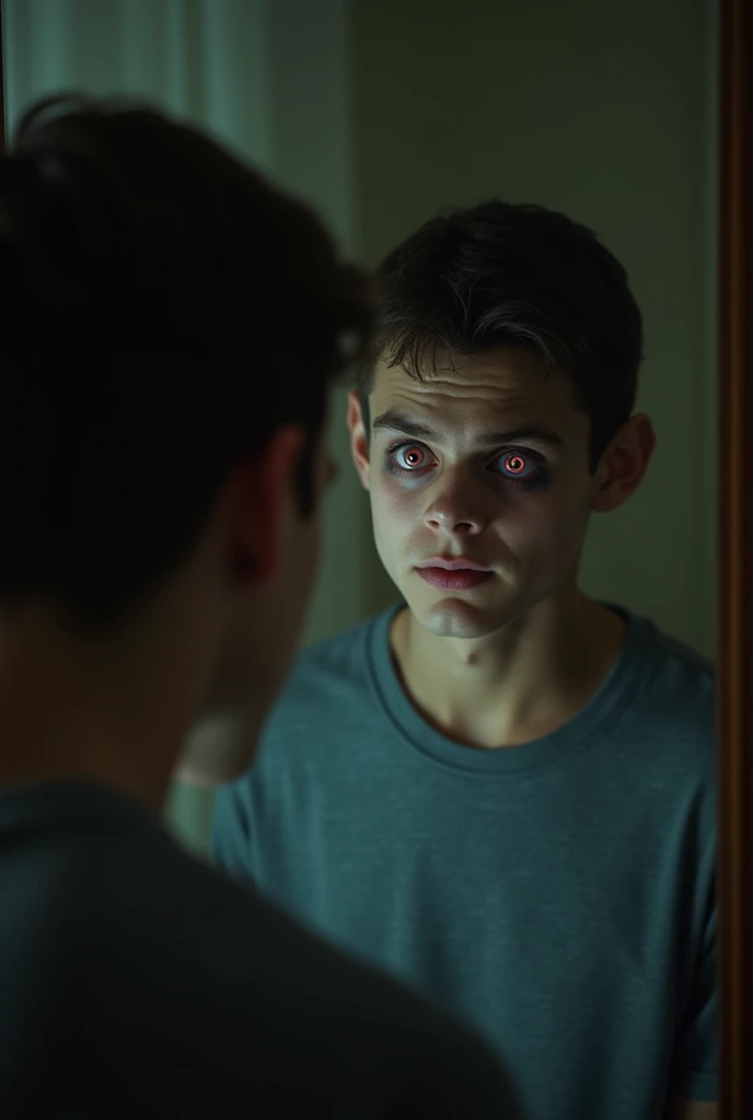 horrifying scene where the young mans reflection in the mirror moves independently, glaring back at him with glowing, malevolent eyes. The reflection’s expression is sinister, with an eerie smirk, while the real man looks terrified.
