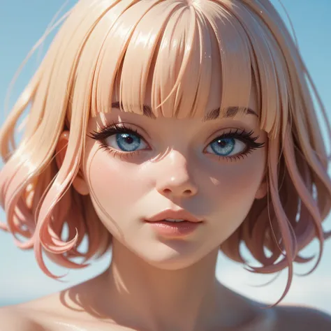 female, curvy, thick, sexy, lovely, short spiky blond hair, sharp spiky bangs bangs, pale blue eyes, light skin, pleased, naked, head shot, head, close up, 