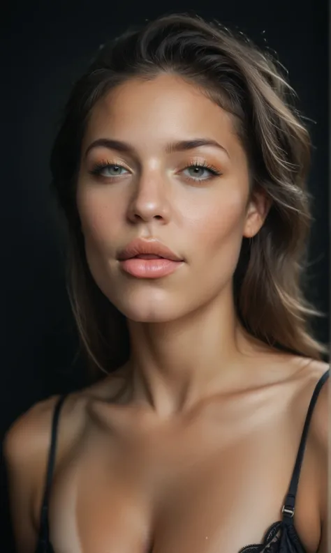 score_9, score_8_up, score_7_up, score_6_up, photo, realism, photorealistic, professional portrait, brazilian fashion model, big lips, huge lips, makeup, tanned, black bra, cleavage, looking at viewer, black background, spotlight, rim light, depth of field...