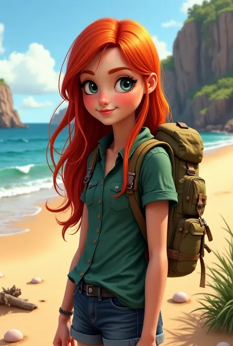 A girl with long red hair wears a camping shirt and carries a camping bag, on the beach 