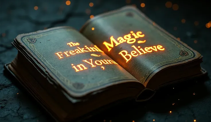 A close-up of the old book titled "The magic is in your belief" in glowing letters. The book is open, with its pages illuminated, as if radiating magic.